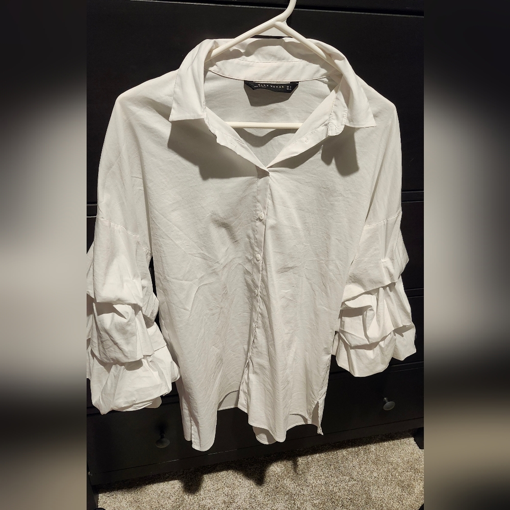 Zara White Ruffled Sleeve Blouse
